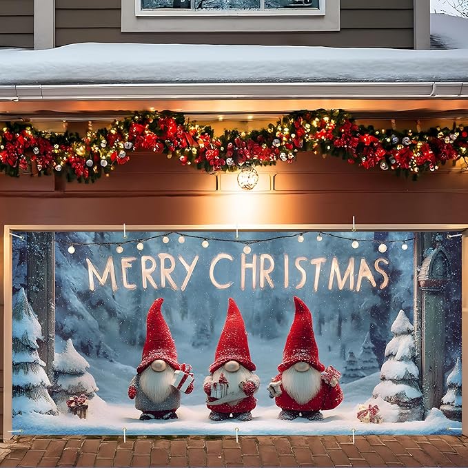 Christmas Garage Door Banner 7x16FT, Cute Christmas Gnomes Garage Door Cover, Large Outdoor Holiday Garage Decoration for Driveway, Porch and Winter Party Backdrop