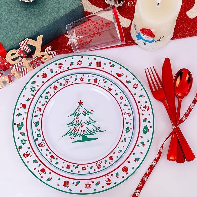 LIYH 150 Pcs Plastic Christmas Plates Disposable Christmas Dinnerware Set, Red Plastic Silverware,Cups Perfect 25 Guests