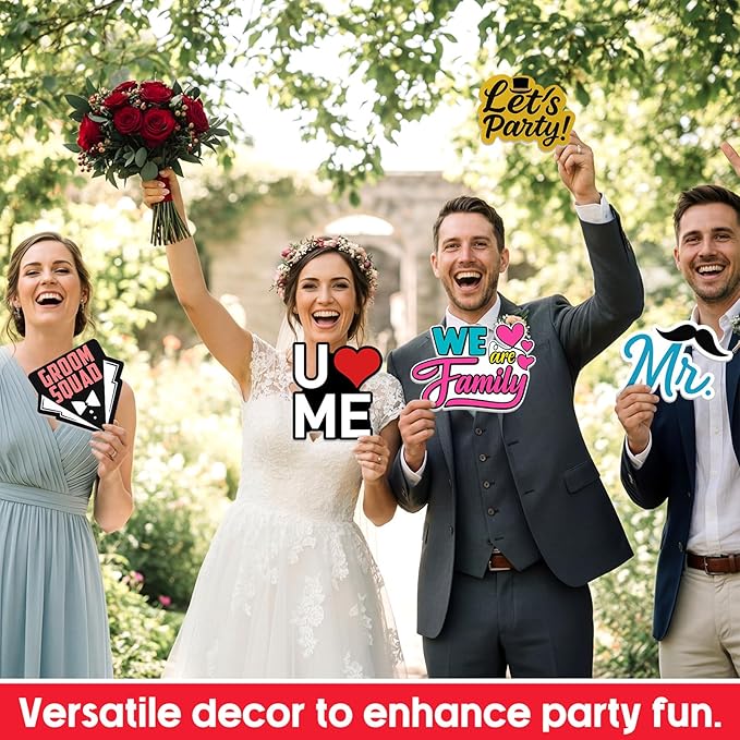 24 Pcs Wedding Photo Booth Props Single Sided 11.8" Funny Photo Booth Props Wedding Marriage Parties Decorations DIY Waterproof Selfie Signs PVC Printing for Reception Bridal Party Supplies