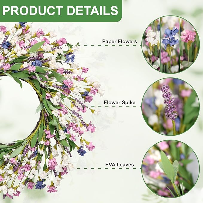 Artgar Front Door Wreath 26 Inch Spring/Summer Wreaths for Front Door, Front Door Wreaths for All Seasons for Indoor Outdoor Home Office Wall Window Wedding Farmhouse Decor (Purple Blue)
