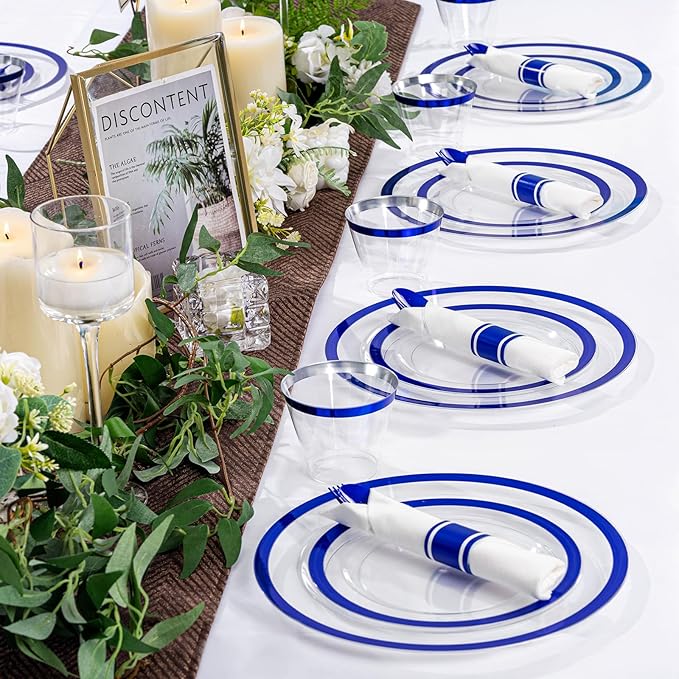 I00000 210 Pcs Dark Blue Plastic Plates, Clear Disposable Plates for 30 Guests, Blue Dinnerware Include 30 Dinner Plates 30 Dessert Plates, 30 Cups, 30 Pre Rolled Napkins with Cutlery Set for Party