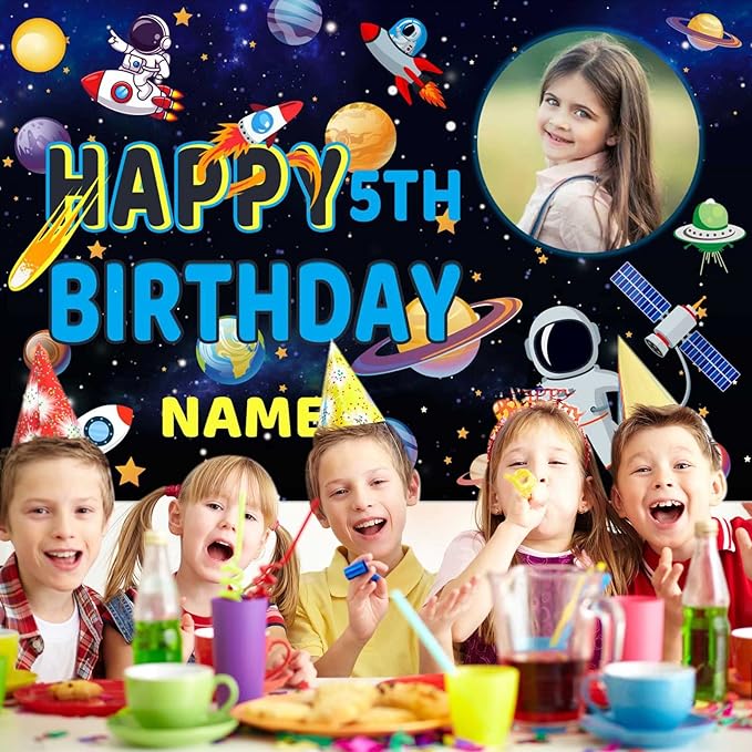 Custom Space Galaxy Astronaut Happy Birthday Party Decorations Supplies Personalized Outer Space Galaxy Astronaut Planet Birthday Backdrop Banner(5x7.5ft)