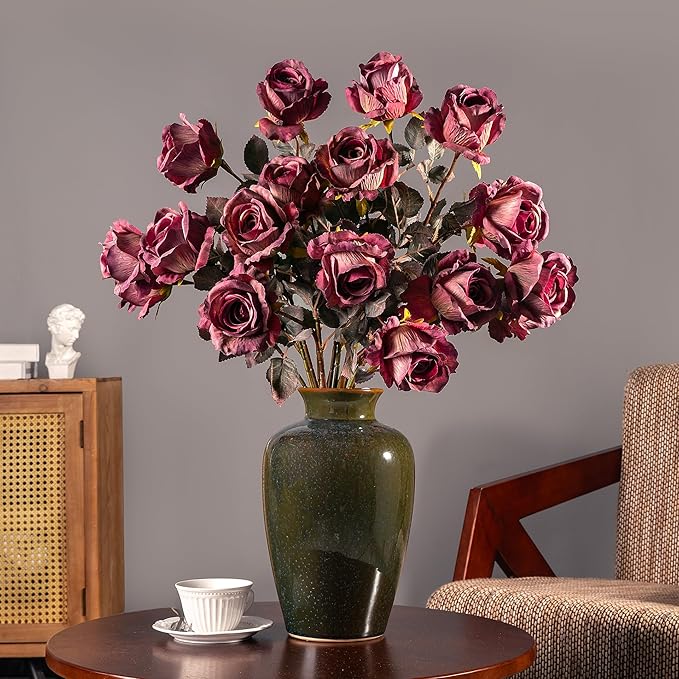 Artificial Flowers Autumn Artificial Roses 23.2In Fake Roses Long Stem Artificial Flowers for Tall Vase Silk Rose Suitable for Indoor Decoration Wedding Party Decor DIY Bouquet,Rose Red，20PCS