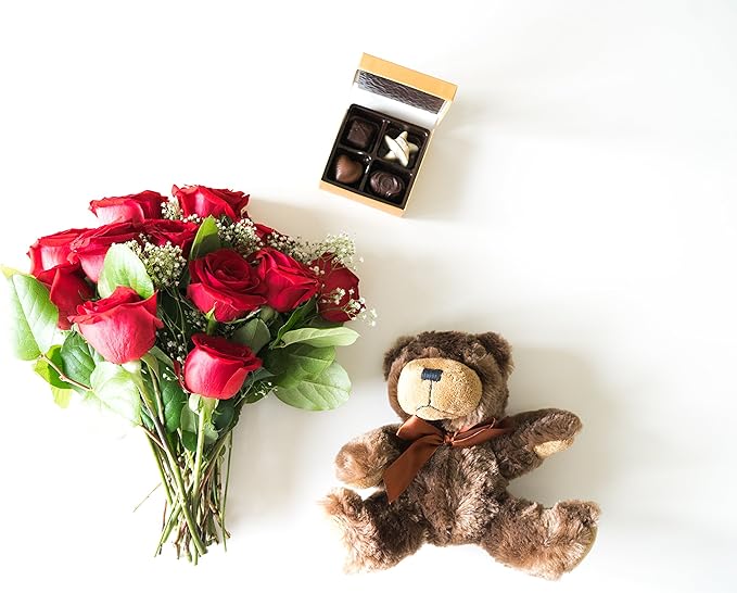 From You Flowers - One Dozen Red Roses & Chocolate & Teddy Bear with Glass Vase | Fresh Flower Bouquets for Birthday, Anniversary, Get Well or Celebration