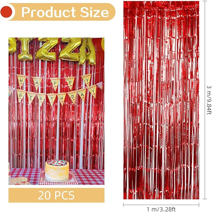 20 Pack Red Foil Fringe Curtains 3.2ft x 9.8ft Black Foil Curtain Backdrop Metallic Tinsel Curtains Streamer Photo Booth Backdrop for Birthday Party Engagement Bachelorette Party Decorations