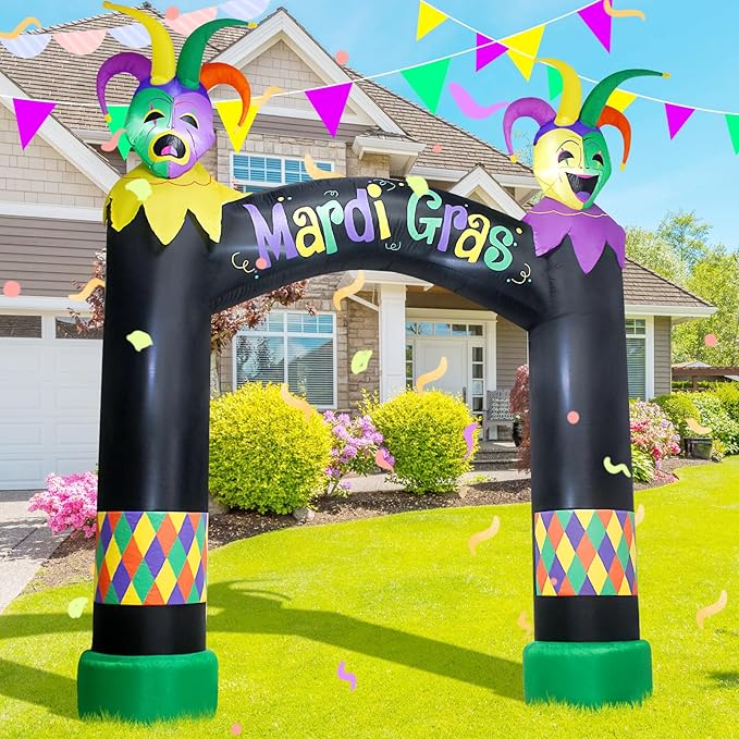 10FT Mardi Gras Inflatable Arch with LED Lights - Halloween Blow Up Outdoor Decoration, Jester Mask Archway for Party/Yard/Garden/Lawn, Built-in Sandbags & Easy Set up
