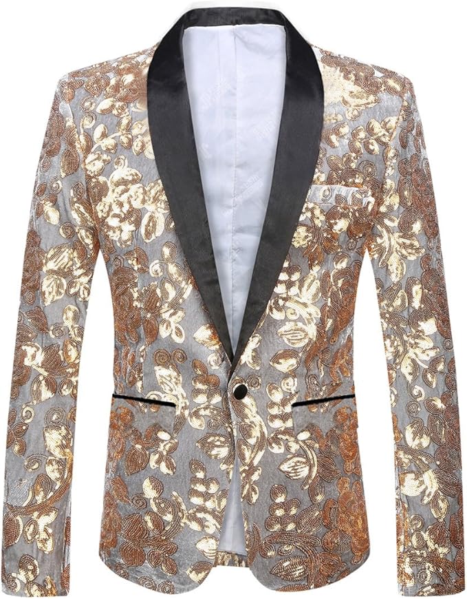 Men Fashion Velvet Sequins Floral Pattern Suit Jacket Blazer