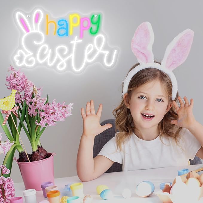 Happy Easter Led Neon Sign, Cute Bunny Ear Light Up Sign, Easter Home Wall Decor for Bedroom, Bar, Window, Spring Party Gifts
