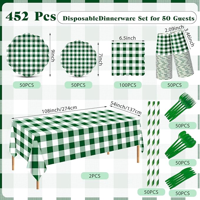 452 Pcs Green Gingham Party Supplies for 50, Dark Green Plaid Checkered Paper Plates Napkins Cups Tablecloth Cutlery Straws for Holiday Birthday Baby Shower Party Decoration