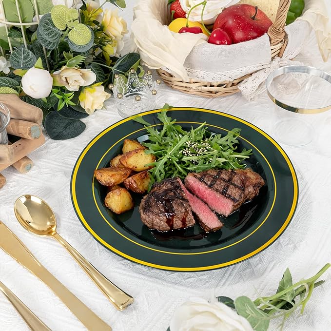 175PCS Green Plastic Plates - Green and Gold Disposable Plates 25Guests Plastic Plates with Rolled Napkins for Birthday/St. Patrick's Day