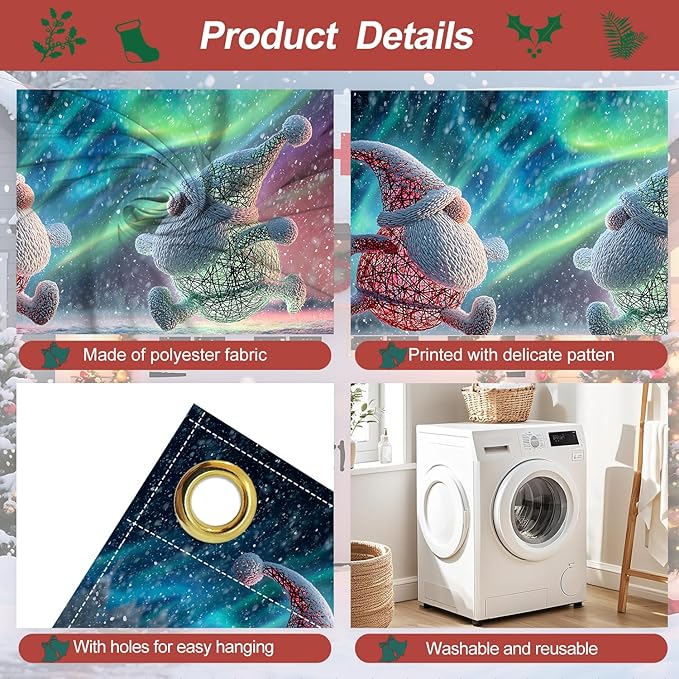 Christmas Garage Door Banner 7x16FT Dancing Gnomes Under Aurora, Holiday Garage Door Cover for Outdoor Decorations & Yard Displays