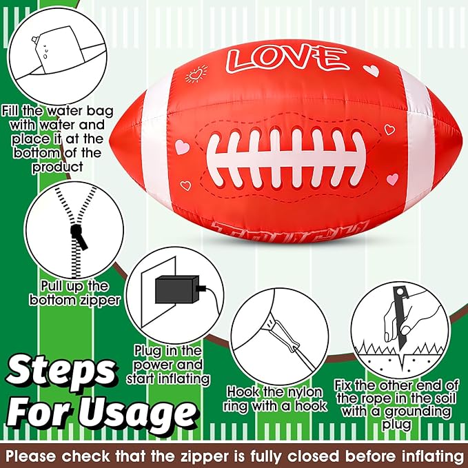 5FT Valentines Day Red Football Inflatable,Large Outdoor Blow Up Football Yard Decoration with Built-in LED Light for Football Lover Player Valentine Wedding House Living Room Garden Lawn Party Decor