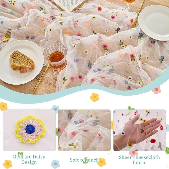 6PCS Lvory Floral Table Runner 10 FT, Embroidery Daisy Table Runners Seasonal Spring Summer Sheer Tulle Dining Table Decor for Home Party Birthday Decor 29x120 Inch ﻿