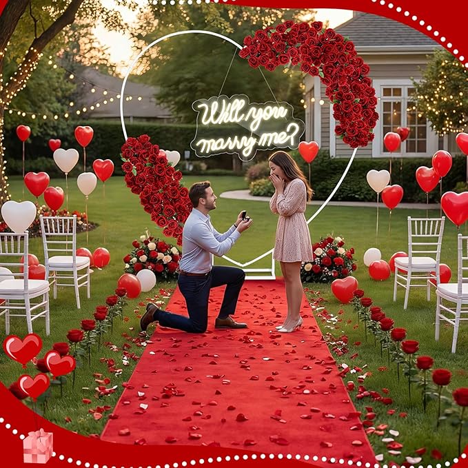 Proposal Decorations Kit Will You Marry Me LED Neon Light Metal Heart Stand Carpet 2000 Rose Petals 30 Artificial Roses for Proposal Wedding Bridal Valentine Engagement Birthday Party(Red)