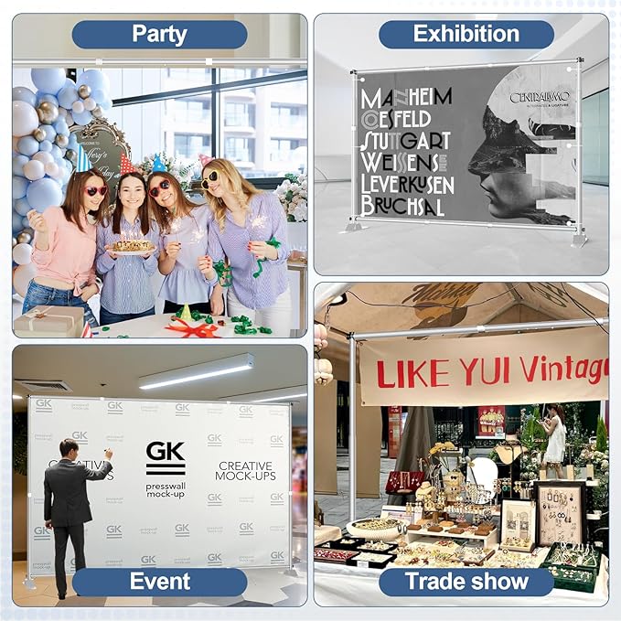 10 x 8FT Backdrop Banner Stand, Heavy Duty Adjustable Photo Background Support Frame Kit, Step and Repeat Stand for Photo Booth, Parties, Exhibition, Trade Show, Wedding - Silver