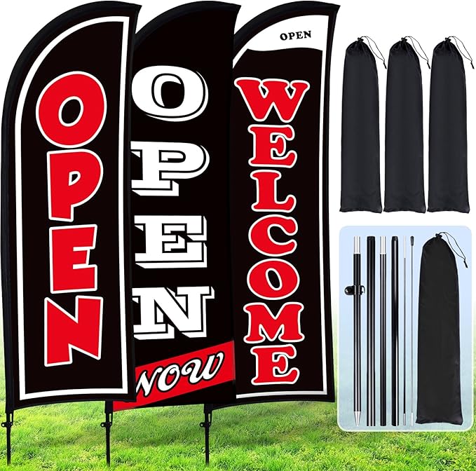 Buryeah 3 Sets Now Open Feather Flag Banner for Business Advertising 7 Feet Tall Grand Opening Feather Flag Sign with Fiberglass Pole Kit Rotating Ground Spike and Portable Bag (Black)