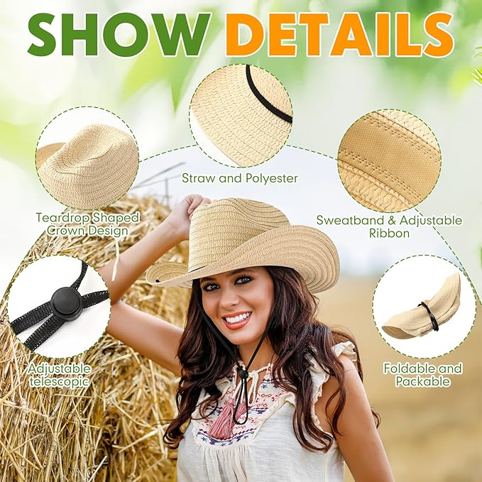 Unittype Adult Cowboy Hat Bulk Western Party Straw Hat Unisex Cowboy Cowgirl Set for Women Men