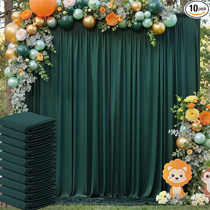 50ft x 10ft Wrinkle Free Hunter Green Backdrop Curtain for Jungle Parties, 10 Panels 5×10ft Soft Silky Green Polyester Photo Backdrop Drapes for Wedding Birthday Photography Christmas Background Cloth