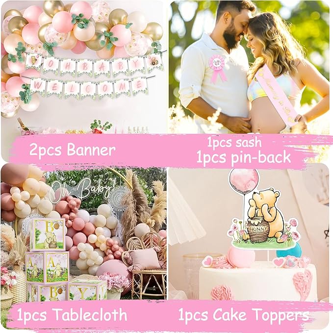 158pcs Pink Classic Winnie Baby Shower Decorations Kit, Vintage Winnie Party Supplies Decorations, Classic Pooh Backdrop Cake Topper, Winnie Baby Tablecloth Box Decorations for Girl Boy Baby Shower