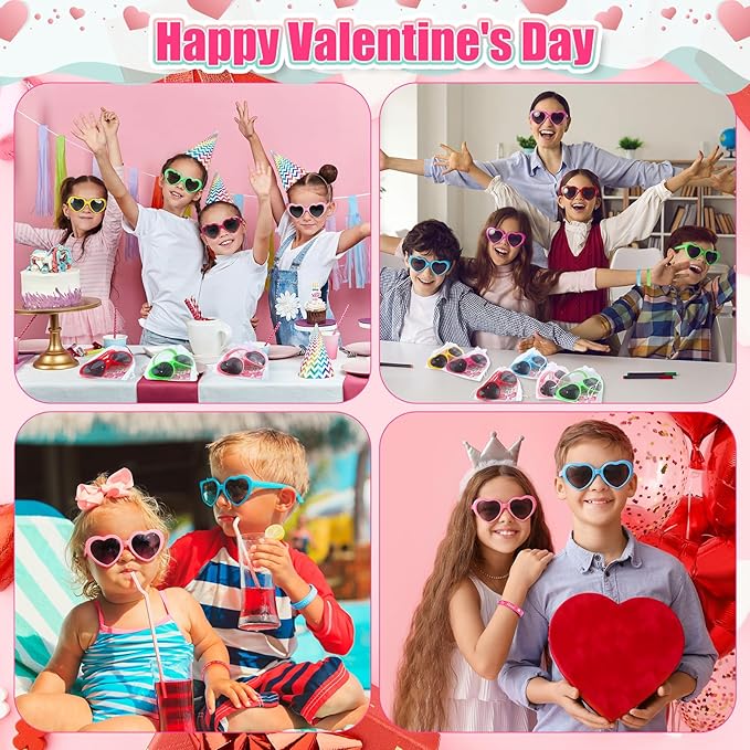 36 Set Valentines Day Gifts for Kids Heart Sunglasses with Valentines Cards Silicone Bracelet Wristbands School Classroom Exchange Gifts Party Favor for Girls Boys