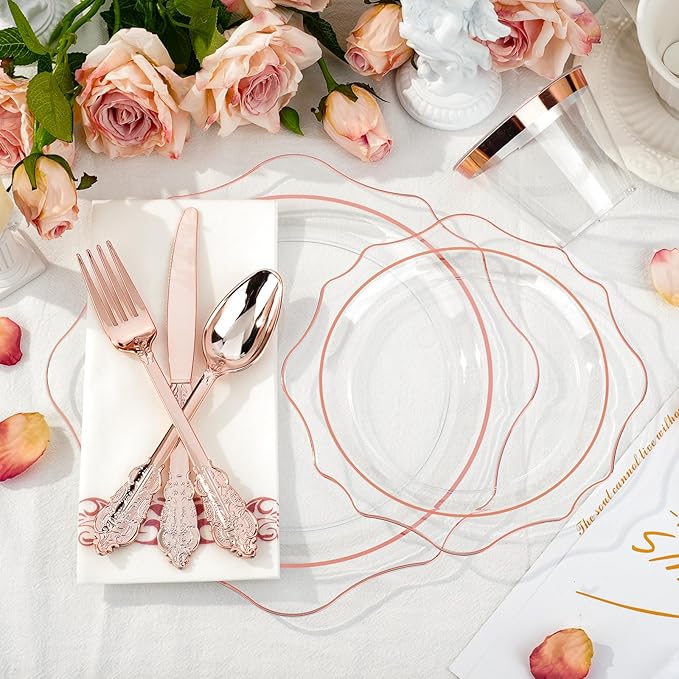 350 PCS Clear and Rose Gold Plastic Plates, Rose Gold Disposable Plates for 50 Guests, Includes 100 Disposable Plates, 50 Cups, 150 Silverwares, and 50 Napkins for Party, Wedding