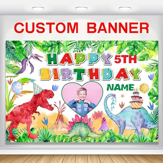 Custom Dinosaur Happy Birthday Party Decorations Supplies Personalized Dinosaur Birthday Backdrop Banner(5x7.5ft)