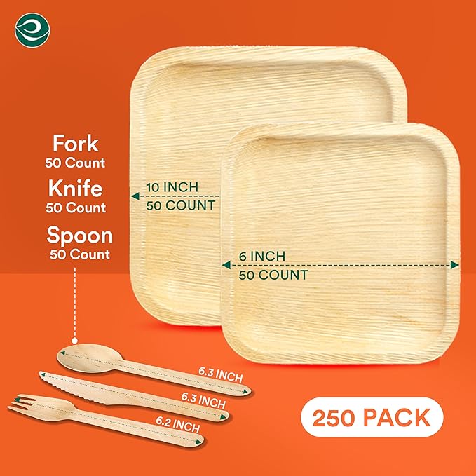 ECO SOUL 100% Compostable Palm Leaf Dinnerware Set of 250 For 50 Guests [10", 6" Square plates, Fork, Knife, Spoon, 50 Count each] | Biodegradable Disposable Utensils for Wedding, Parties, BBQ