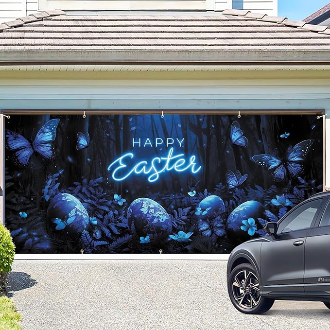Happy Easter Glowing Banner 7x16FT, Neon Happy Easter Design with Blue Butterflies and Easter Eggs, Spring Holiday Decoration for Yard and Garage