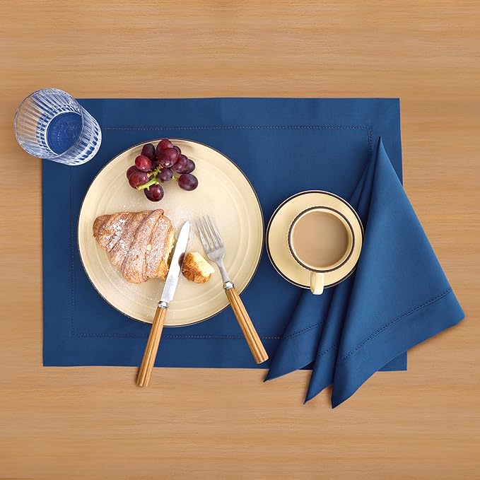 Solino Home Cotton Linen Napkins Set of 4 - Hemstitch Lapis Blue Dinner Napkins Cloth 20 x 20 Inch for Winter - Handcrafted and Machine Washable