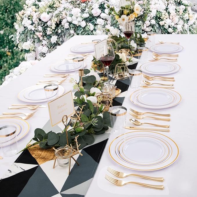 WELLIFE 96 Pcs Gold Plastic Dinnerware Set, Disposable Silverware and Cups, Gold Dinnerware Set, Includes: 16 Dinner Plates 10.25", 16 Dessert Plates 7.5", 16 Cutlery for Party