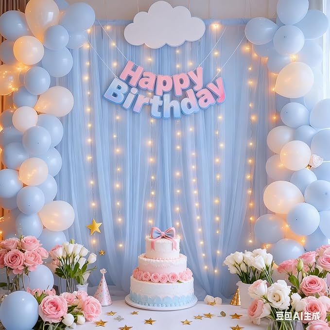 20x10ft Baby Blue Tulle Backdrop Curtain with Lights String for Parites, Sheer Photo Backdrop Curtains with Lights for Wedding Backdrop Ceremony Reception Bridal Shower Baby Shower Birthday Party