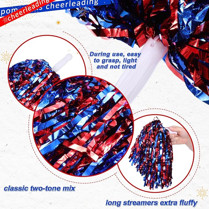 Hanaive 100Pcs Metallic Cheerleading Pom Poms with Baton Handle Cheerleader Pompom Foil 30g Cheering Squad Hand Flowers for Adults Team Spirit Sports Party Cheering