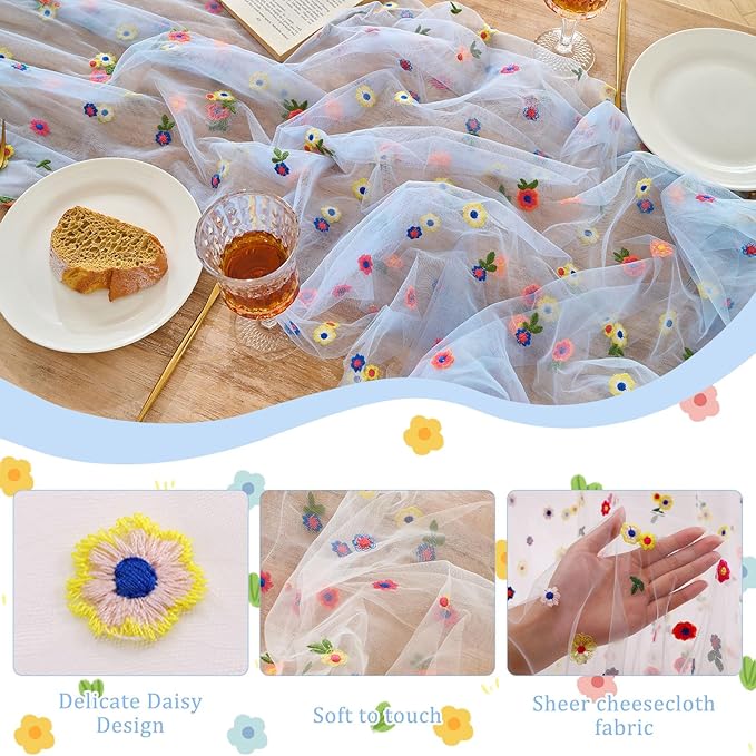 6PCS Blue Floral Table Runner 10 FT, Embroidery Daisy Table Runners Seasonal Spring Summer Sheer Tulle Dining Table Decor for Home Party Birthday Decor 29x120 Inch ﻿