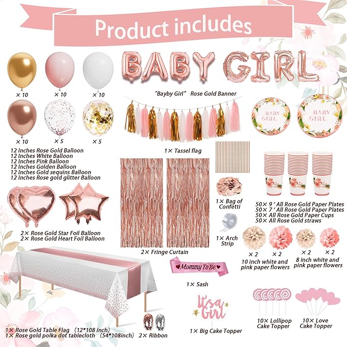 301Pcs Baby Shower Decorations For Girl, Girl Baby Shower Decorations Kits - Disposable Dinnerware Set With Pink Rose Gold Floral (50 Guest), "BABY girl" Banner, Balloon, Sash, Cake Topper