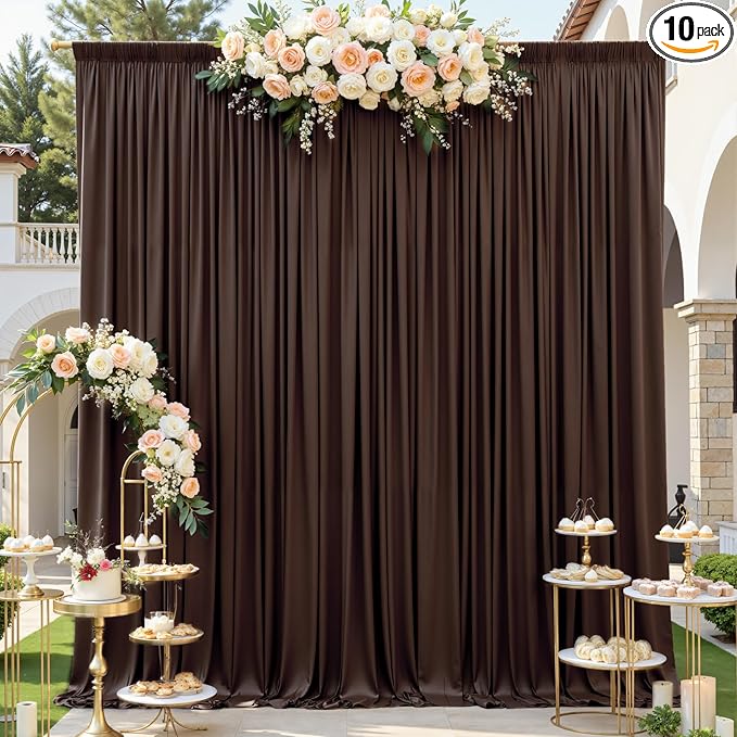 gogoparti 50x12ft Brown Backdrop Curtain for Wedding Parties, 10 Panels (5x12 ft Each) Wrinkle-Free Dackdrop Curtains, Silky Draping Fabric for Birthday Party, Baby Shower, Photo Background