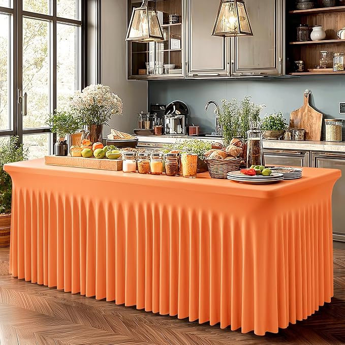 6 Packs Orange Table Clothes for 6 Foot Rectangle Tables, One-Piece Wrinkle Resistant Stretch Spandex Table Covers with Skirt for Event Banquet Wedding Birthday Party