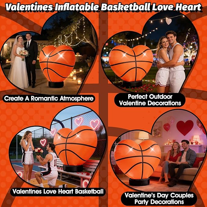 Eyourlife 4 FT Valentine Basketball Inflatable Decoration,Giant Heart Basketball Blow-Up with Built-in 1Blower 2LED for Basketball Court Yard Indoor/Outdoor Coach Player Couple Valentine Decor