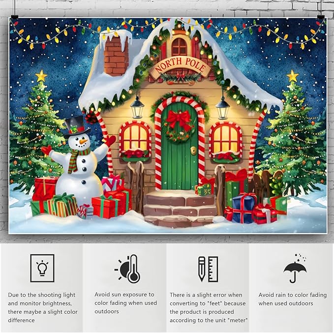 YongFoto Merry Christmas Backdrop 10x8ft North Pole Night Sky Pine Forest House Snowman Xmas Tree Photography Background 2026 New Year Winter Holiday Party Banner Photoshoot Wallpaper Photo Booth
