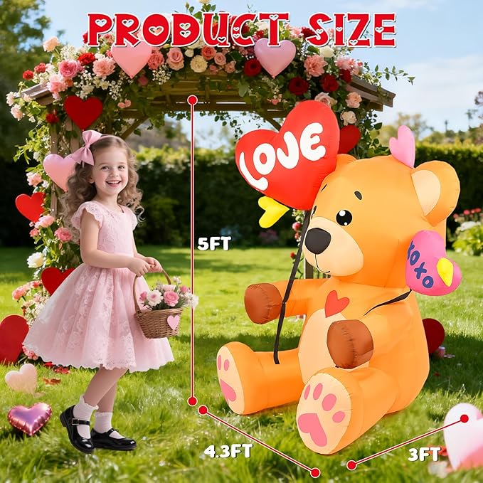 LETIME 5 FT Valentine's Day Inflatable Outdoor Decorations Bear with 2 Heart Balloons LED Lighted Valentines Blow up Yard Decoration for Party, Anniversary, Wedding, Propose, Garden, Lawn