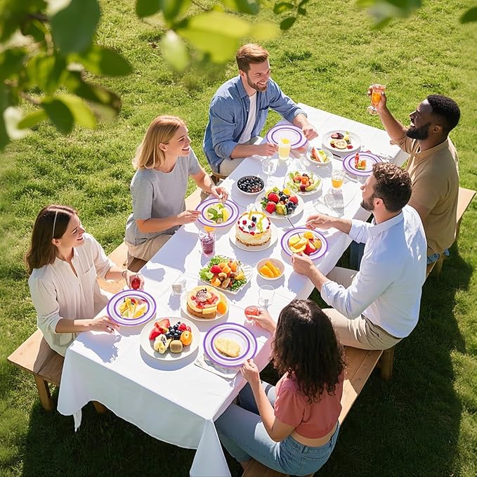 I00000 350 Pcs Clear Purple Plates for 50 Guests, Purple Dinnerware Include 100 Plates, 50 Cups, 50 Pre Rolled Napkins with Cutlery Set for Party and Wedding
