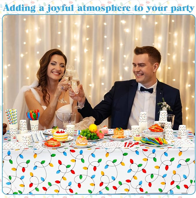 452 Pcs Christmas Party Decorations for 50 Guests, Colorful Christmas Lights Paper Plates Napkins Cups Tablecloth Cutlery Straws Disposable Tableware Set for Xmas Holiday Party Supplies