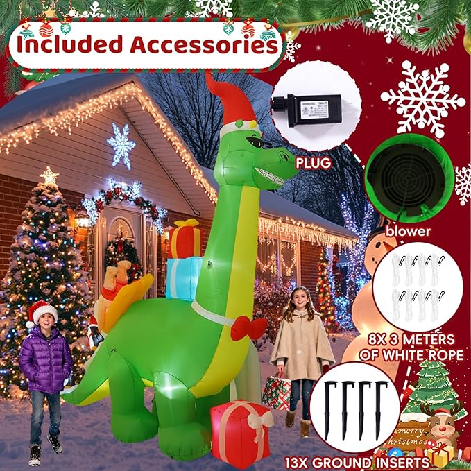 13FT Dinosaur and Santa Surfing Outdoor Inflatable Decoration with LED Lights, Suitable for Christmas Yard and Lawn Decorations