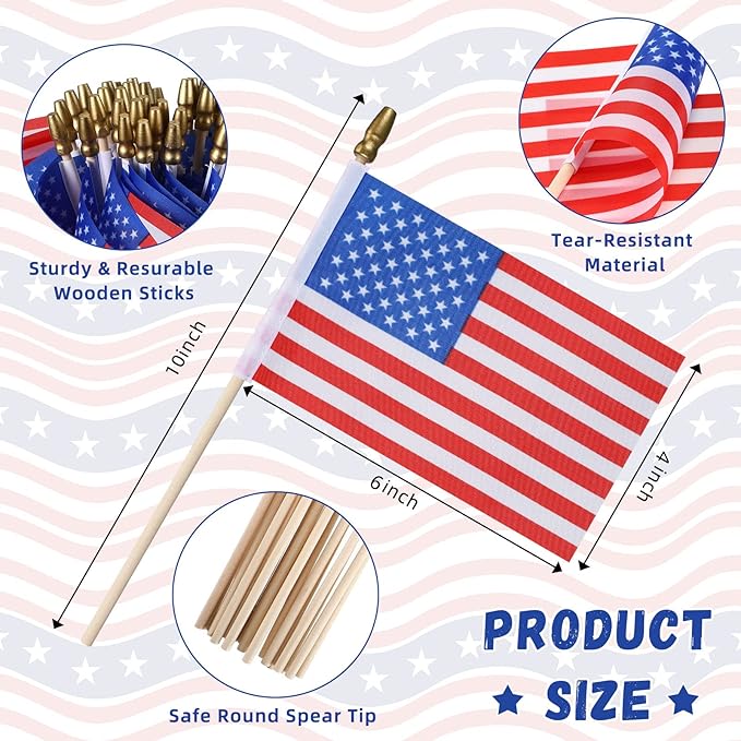 Peryiter 700Pcs Small American Flags on Stick 4 x 6" Mini Handheld USA Flag Polyester 4th of July Decorations with Safety Golden Spear Tops for Memorial Day Independence Day Deor