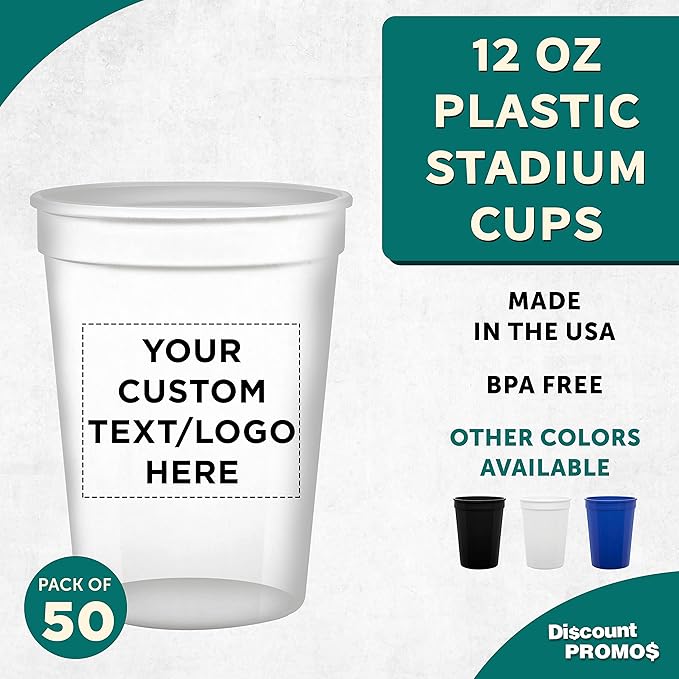 Custom Disposable Plastic Cups 12 oz. Set of 50, Personalized Bulk Pack - Perfect for Summer, Sporting Events, Birthdays, Weddings, Picnic, Beach, Parties - Clear