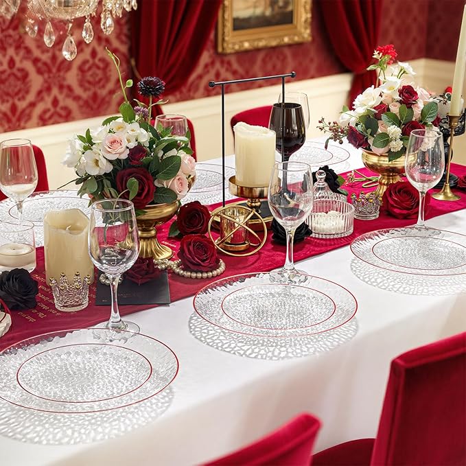 Rubtlamp 60Pcs Red Plastic Plates, Clear Plastic Plates With Red Rim, Heavy Duty Disposable Plates for Party, Fancy Hammered Plates Include 30 Red Dinner Plates 30 Clear Cake Plates