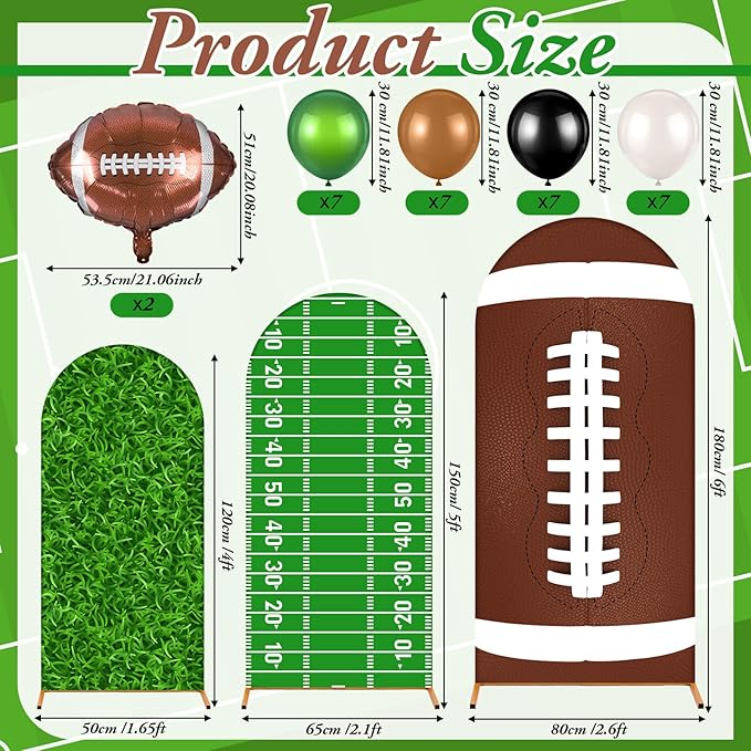 34 Pieces Football Party Decorations 4ft 5ft 6ft Football Spandex Arch Backdrop Cover Dark Green Black Beige Brown Foil Balloons for Sports Game Birthday Party Decor