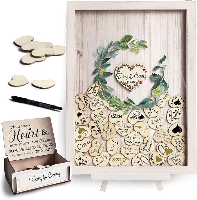 Y&K Homish Wedding Guest Book Alternative, Rustic Wedding Decorations for Reception, Favors for Guests 80 Hearts Green Wreath (Antique White)