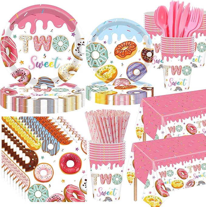 452 Pcs Donut Two Sweet Birthday Decorations Girls for 50 Guests, Pink Donut Themed Paper Plates Cups Napkins Tablecloth Cutlery Straws for Baby Girl 2nd Birthday Party Supplies