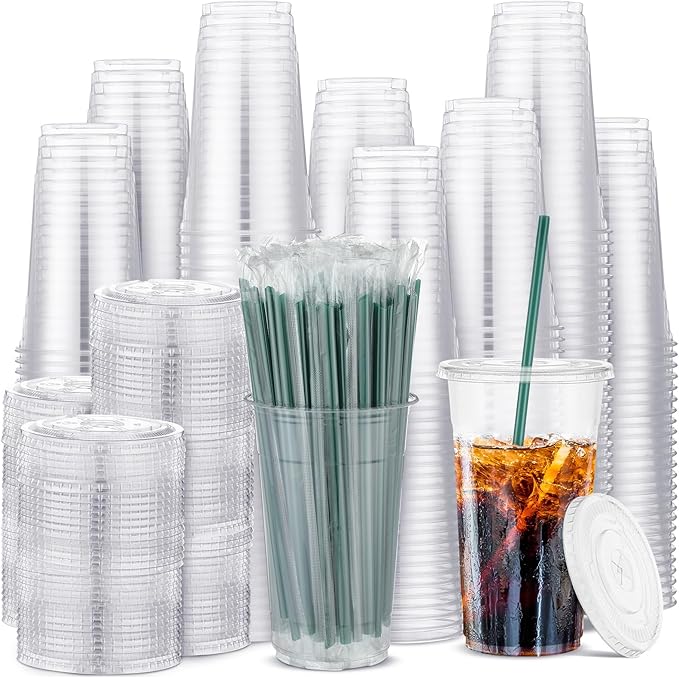 Hushee 500 Sets 16 oz Clear Plastic Cups with Lids and Individually Wrapped Straws Disposable Pet Cups for Iced Coffee Cold Drinks Smoothie Juice Parfait Milkshake Parties