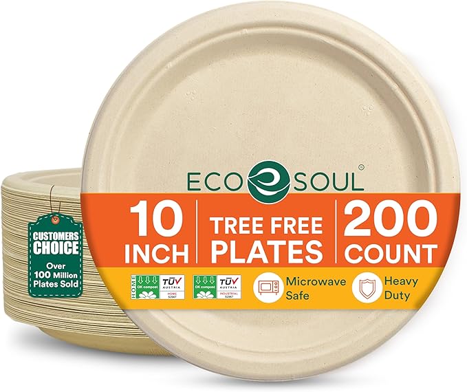 ECO SOUL 10 Inch Compostable Disposable Paper Plates [200 Pack] Food Safe 100% Virgin Bagasse Pulp Heavy Duty Biodegradable Microwave Safe Large Round Dinner Plate for Party, Picnic & BBQ (Brown)